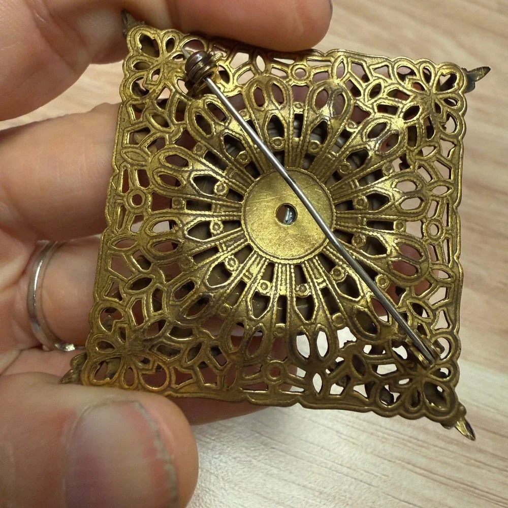 Vtg Brass Filigree Square Brooch Large Faux Pearl Victorian Revival Gold Tone